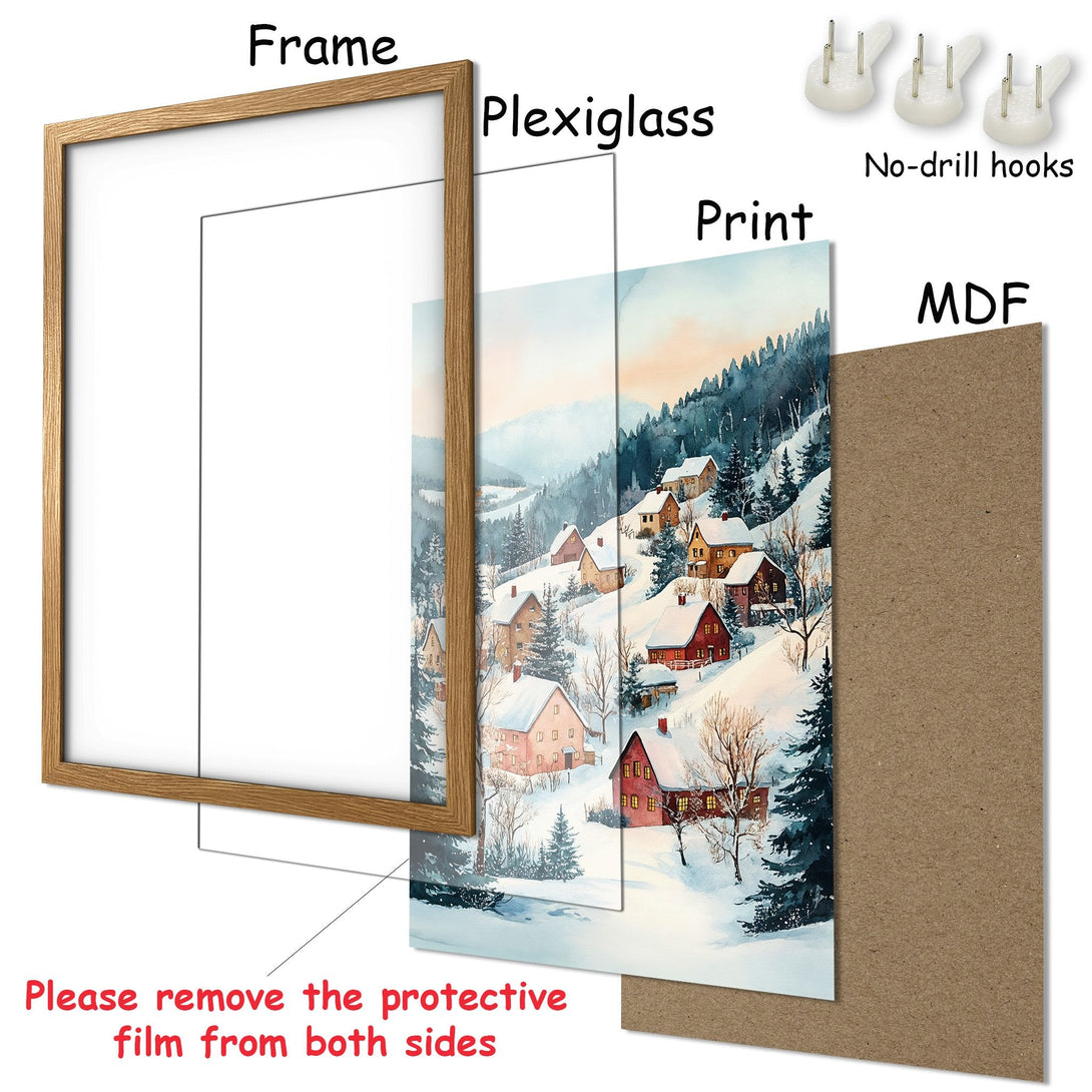 Framed Poster featuring a watercolor winter village scene in a cozy, warm color palette. Perfect for adding charm to your home!