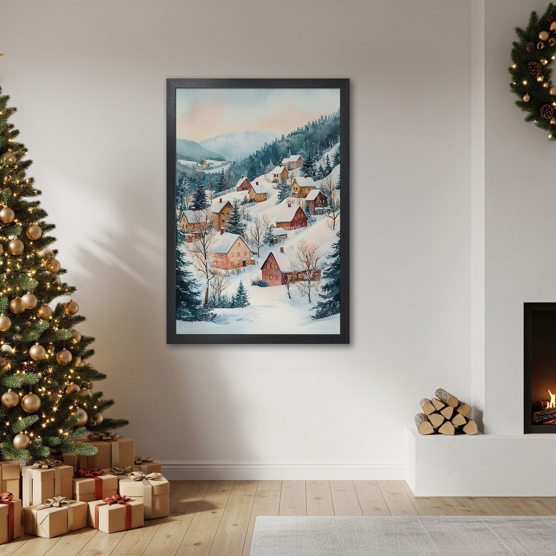 Framed Poster featuring a watercolor winter village scene. Soft blues, greens, and warm tones create a cozy holiday vibe. Perfect wall art!