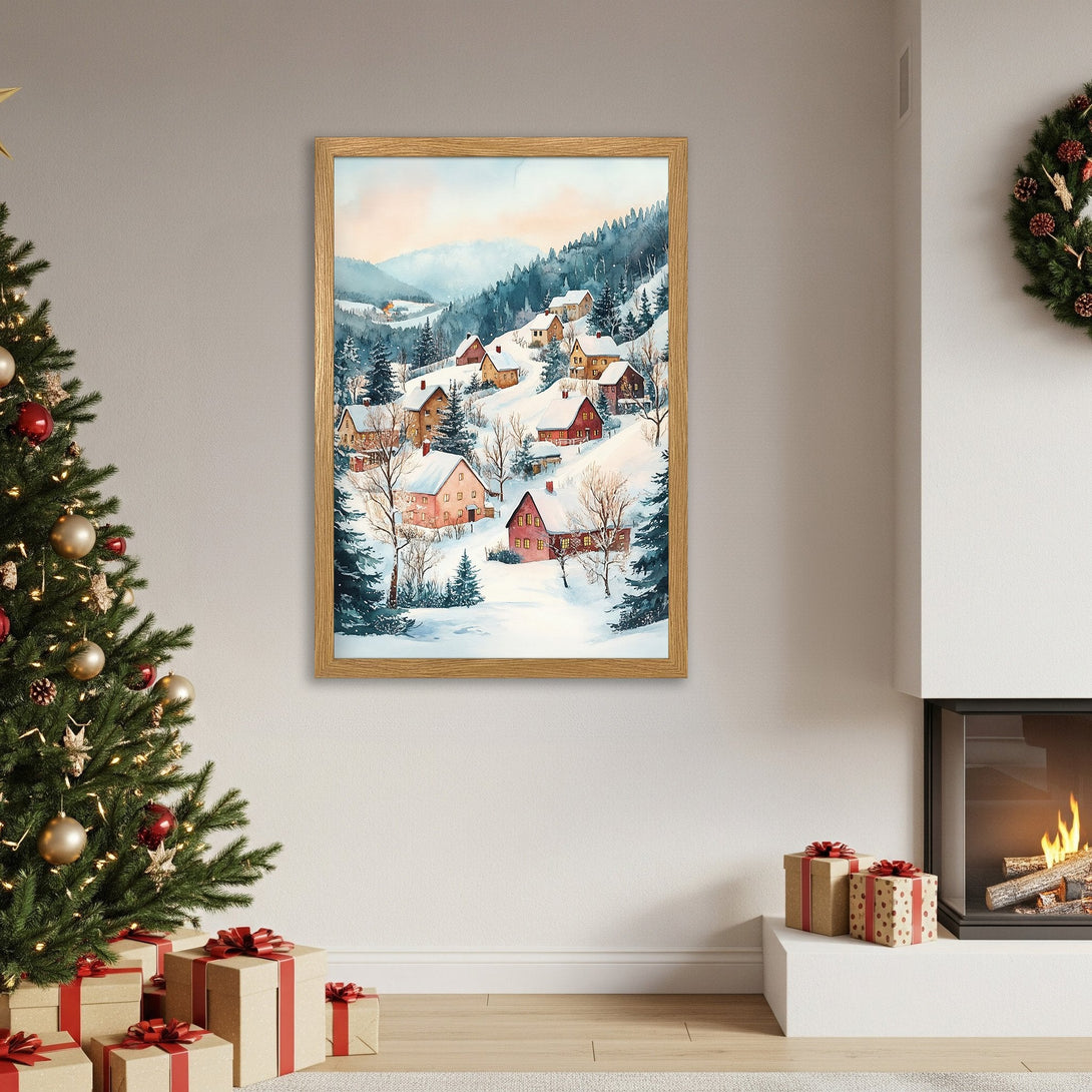 Framed Poster of a winter village scene in watercolor style, featuring a snowy landscape with a warm color palette.