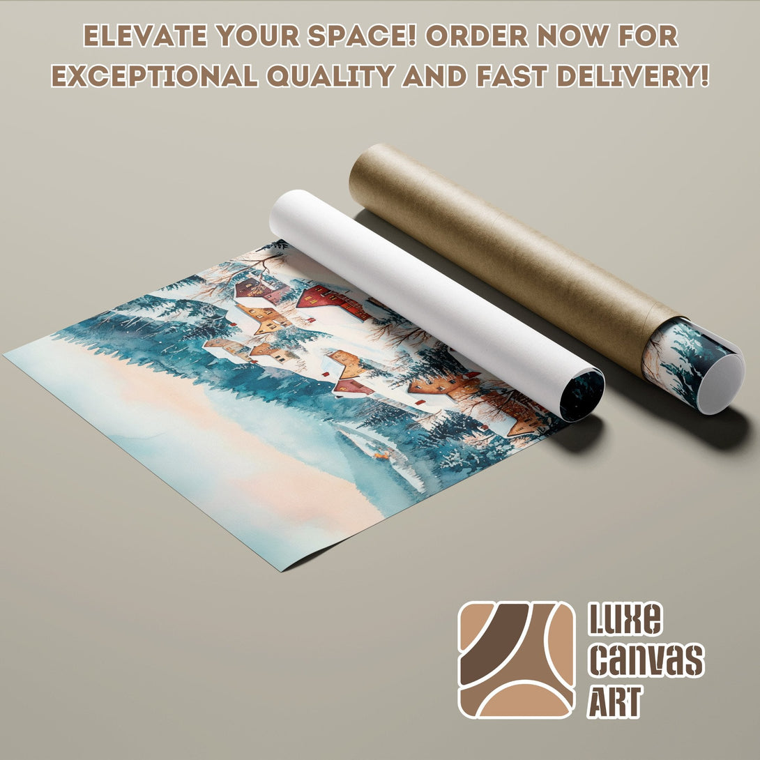 Watercolor Poster Roll featuring a winter landscape in blue and brown tones. Order yours today!