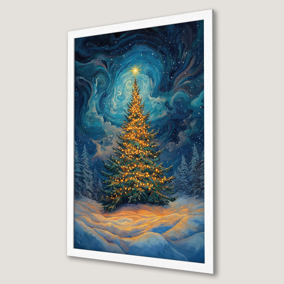 Framed Poster: Christmas tree art print in blue & gold. Perfect holiday decor. Oil painting style. Festive & cozy.