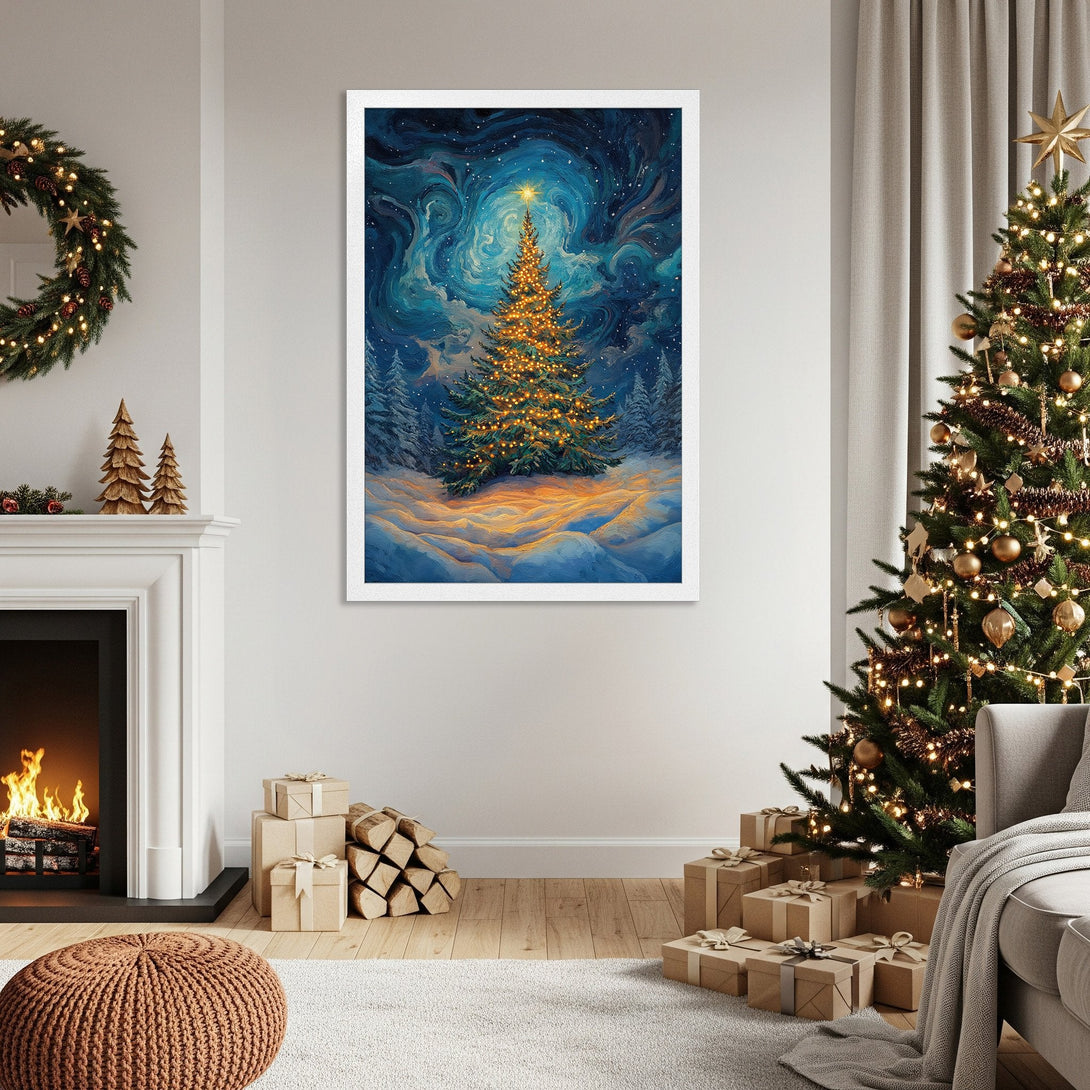 Framed Poster featuring a Christmas tree in a winter landscape, artistic style with blue and gold tones. Perfect holiday decor!