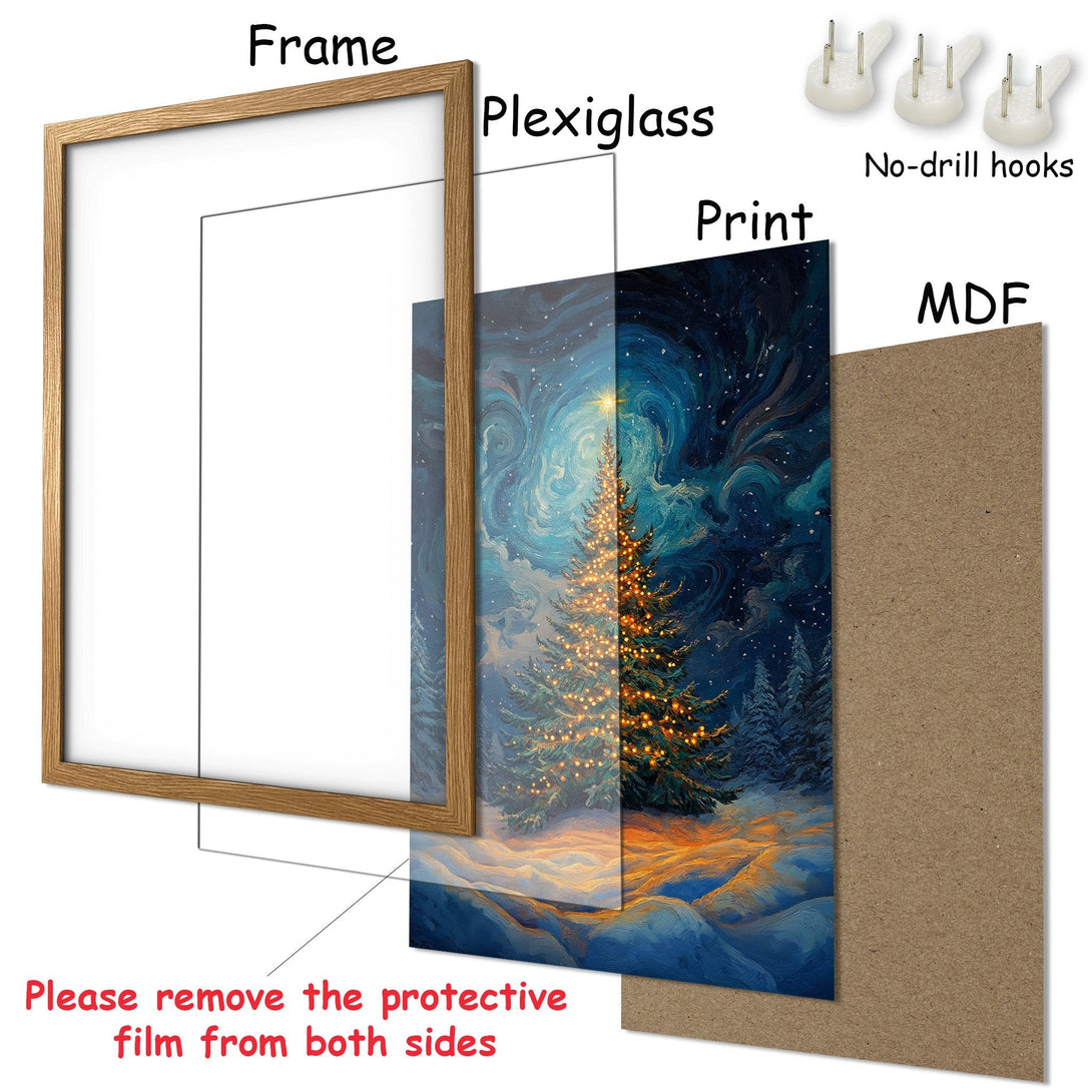 Framed Poster featuring a winter Christmas tree scene in a blue and gold color palette. Perfect holiday decor!