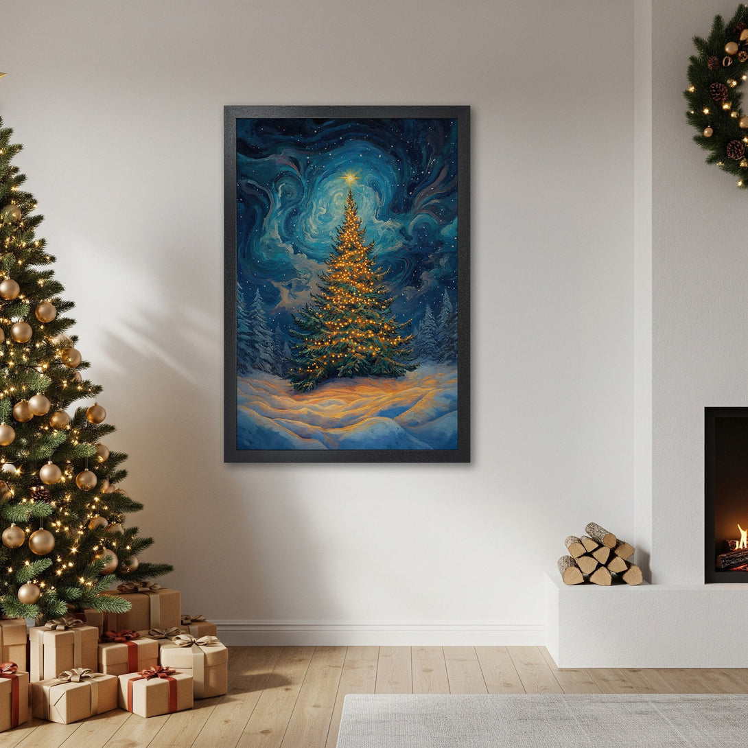 Framed Poster featuring a Christmas tree in a winter landscape, painted in a dreamy style with a blue and gold color palette. Perfect holiday decor!