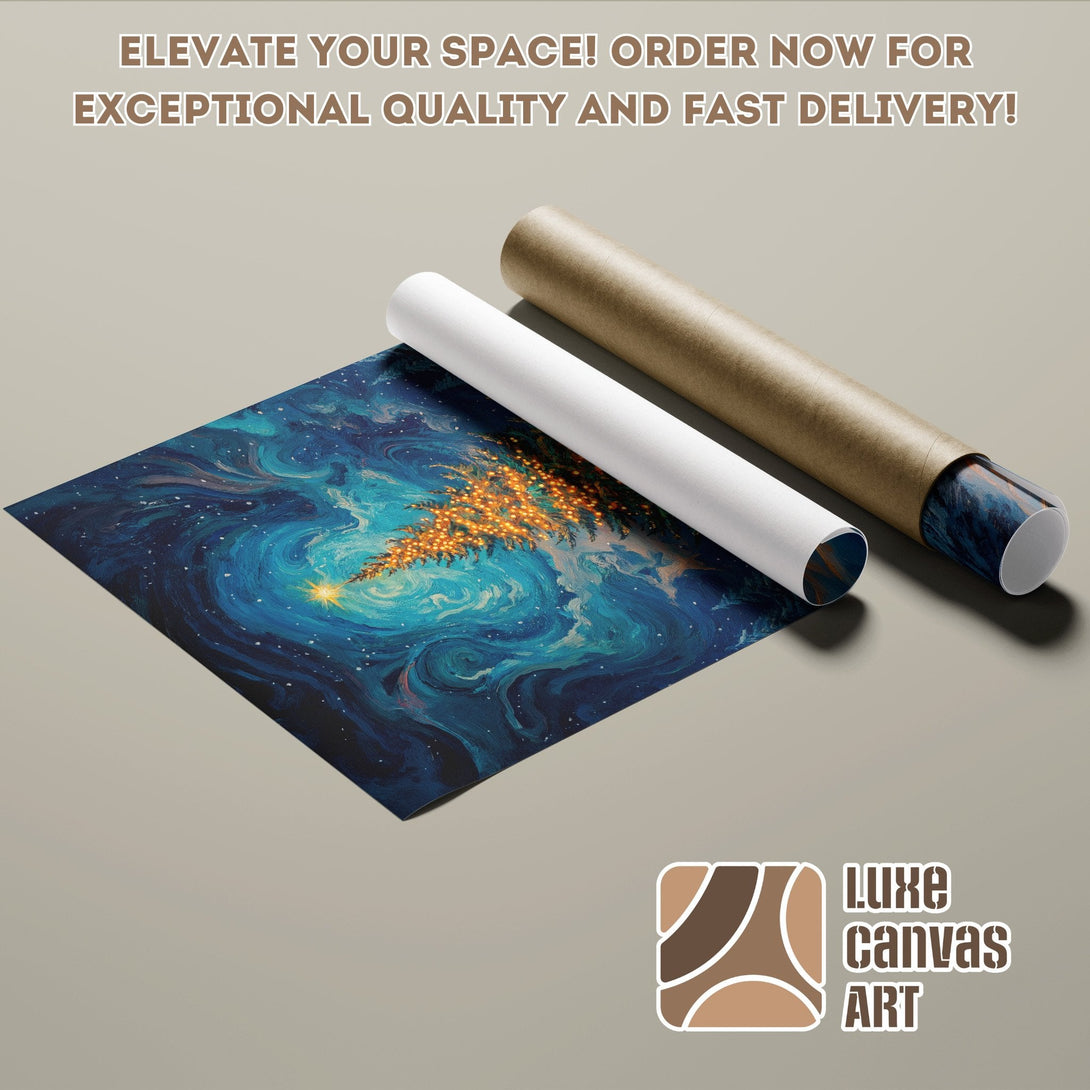 Poster Roll featuring a starry night art print in blue and gold tones. Elevate your space with Luxe Canvas Art!