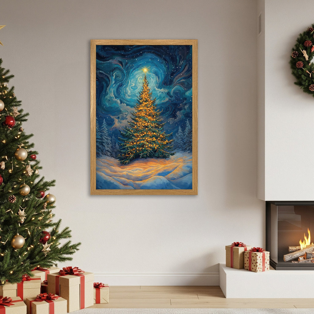 Framed Poster featuring a Christmas tree against a swirling blue and gold sky. Artistic style, perfect holiday decor.