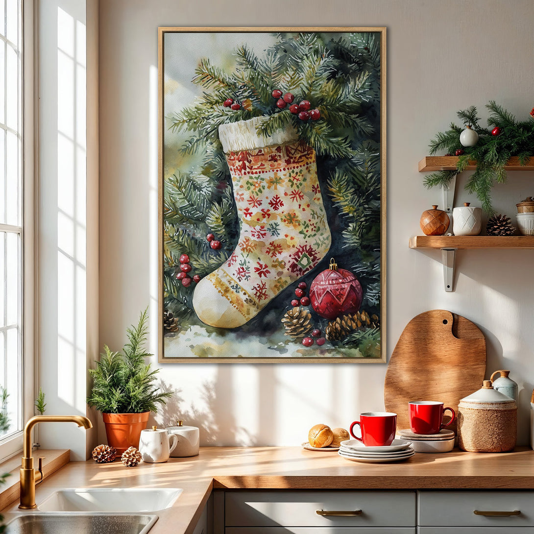 Framed Wall Art: Watercolor Christmas stocking print with festive red & green palette. Cozy holiday decor for your home!