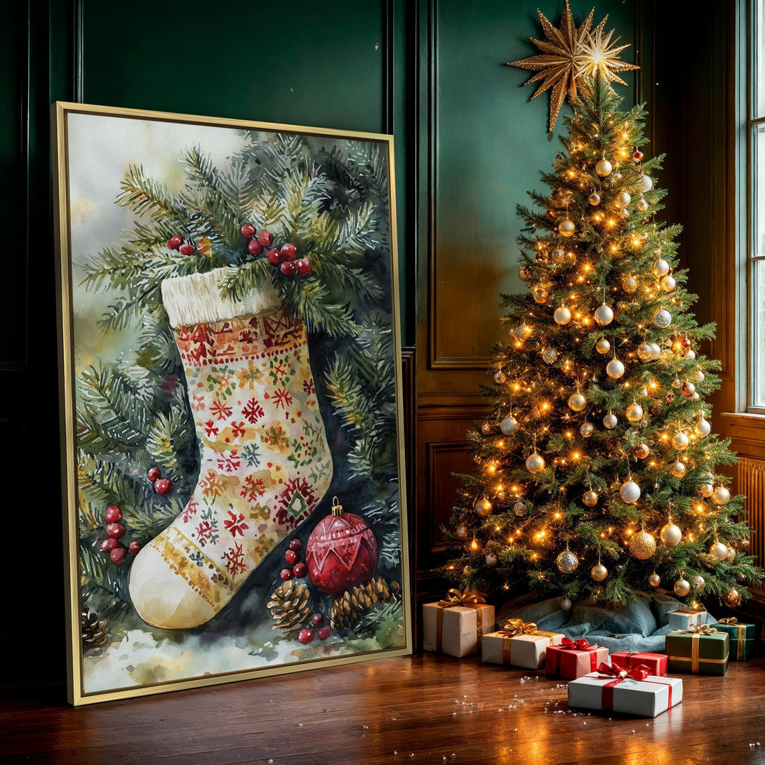 Canvas Print of a watercolor Christmas stocking with green, red, and cream color palette. Perfect holiday wall art for a cozy home.