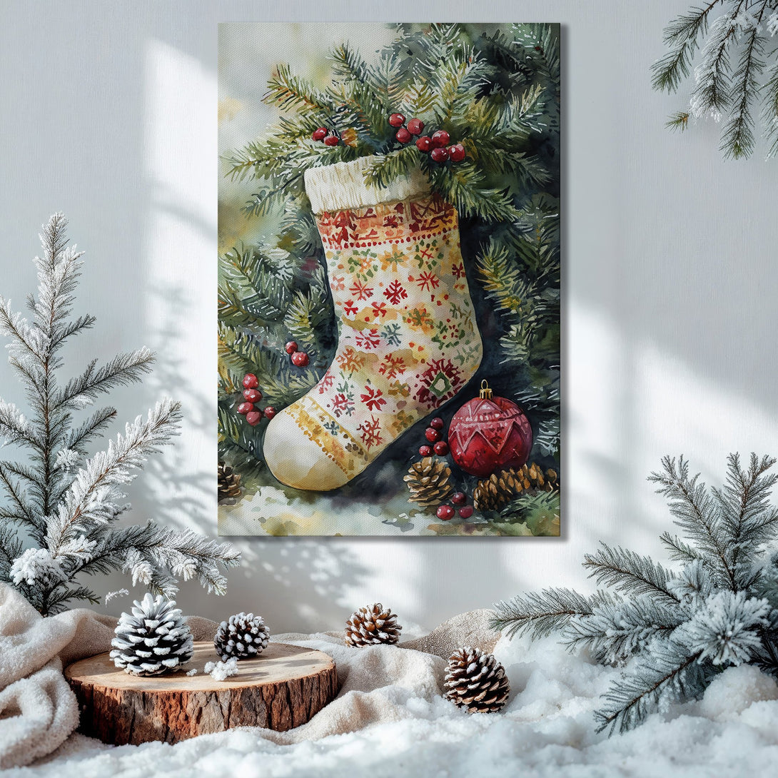 Framed Wall Art: Cozy Christmas stocking watercolor painting in a warm, inviting interior. Featuring a festive color palette of greens, reds, and golds.