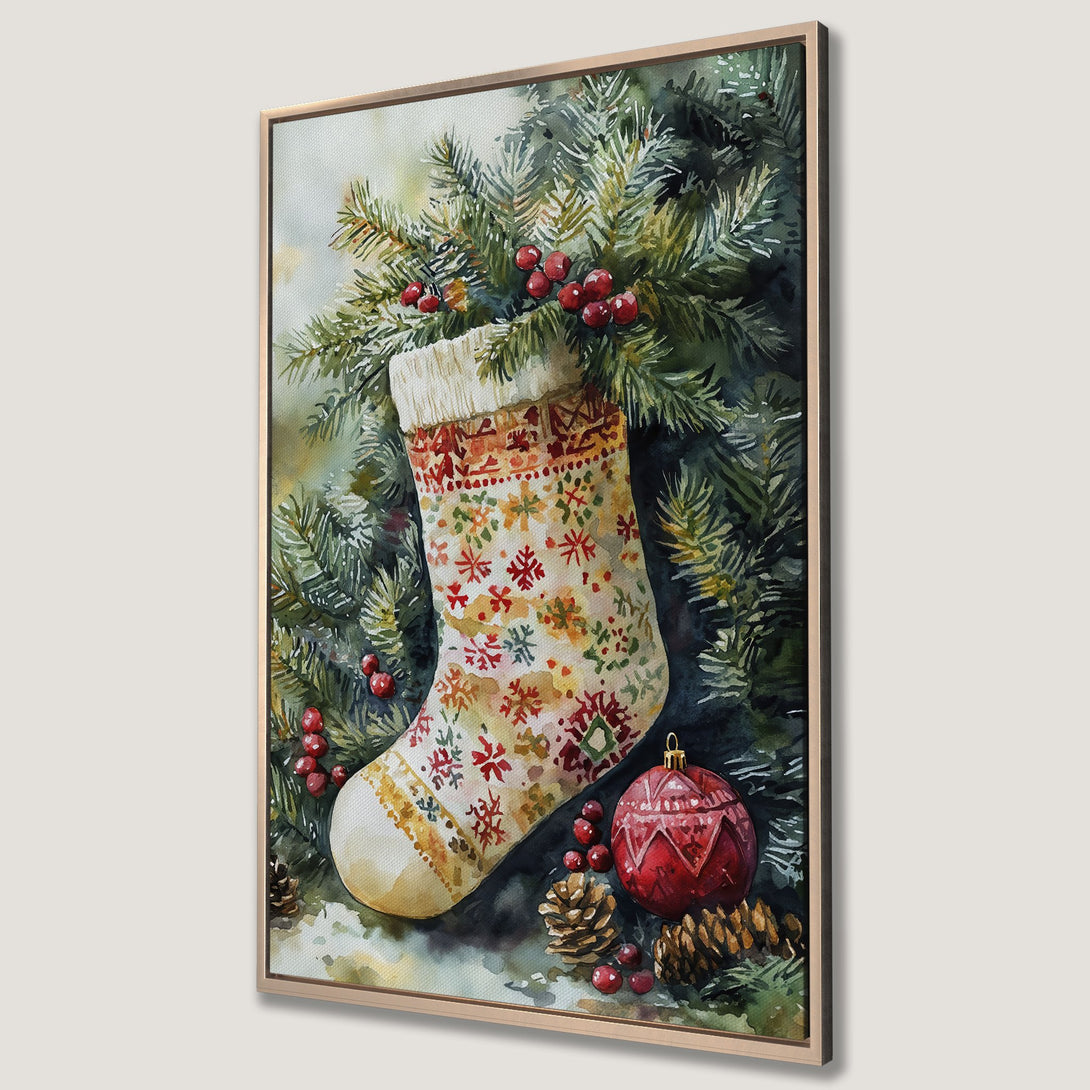 Framed Wall Art: Watercolor Christmas stocking print with festive red & green color palette. Perfect holiday decor for your home!