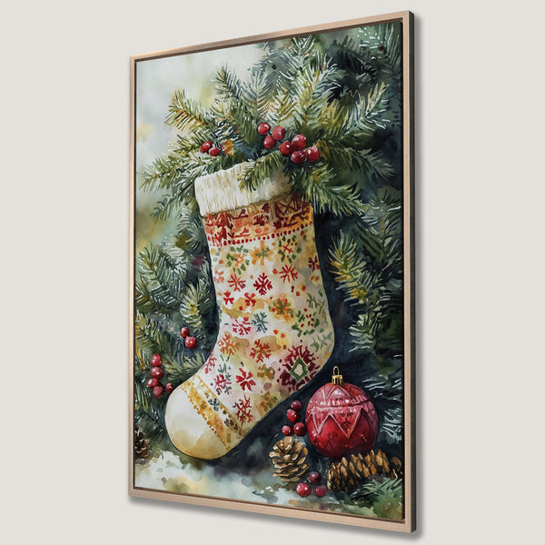 Framed Wall Art: Watercolor Christmas stocking print with festive red & green color palette. Perfect holiday decor for your home!