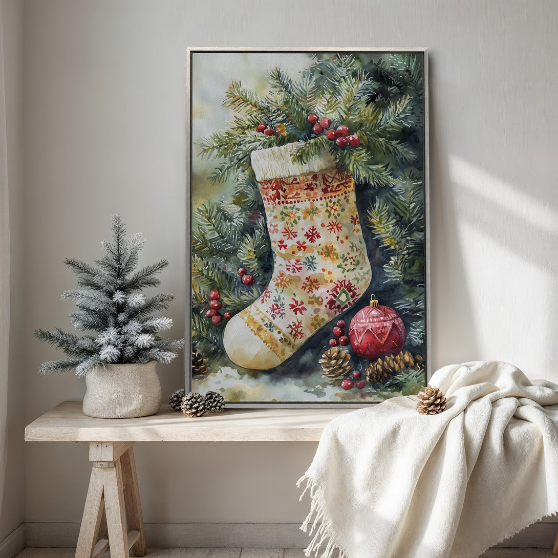 Framed Wall Art: Watercolor Christmas stocking print in a cozy interior. Features a festive color palette of greens, reds, and creams. Perfect holiday decor!