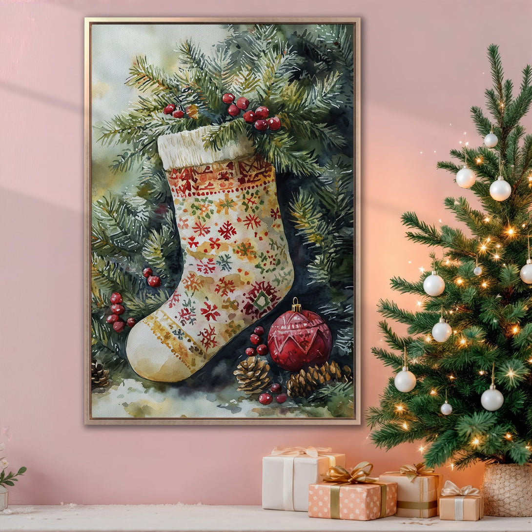 Framed Wall Art: Watercolor Christmas stocking print in warm tones. Festive holiday decor with red, green, and cream color palette. Perfect for adding seasonal cheer.