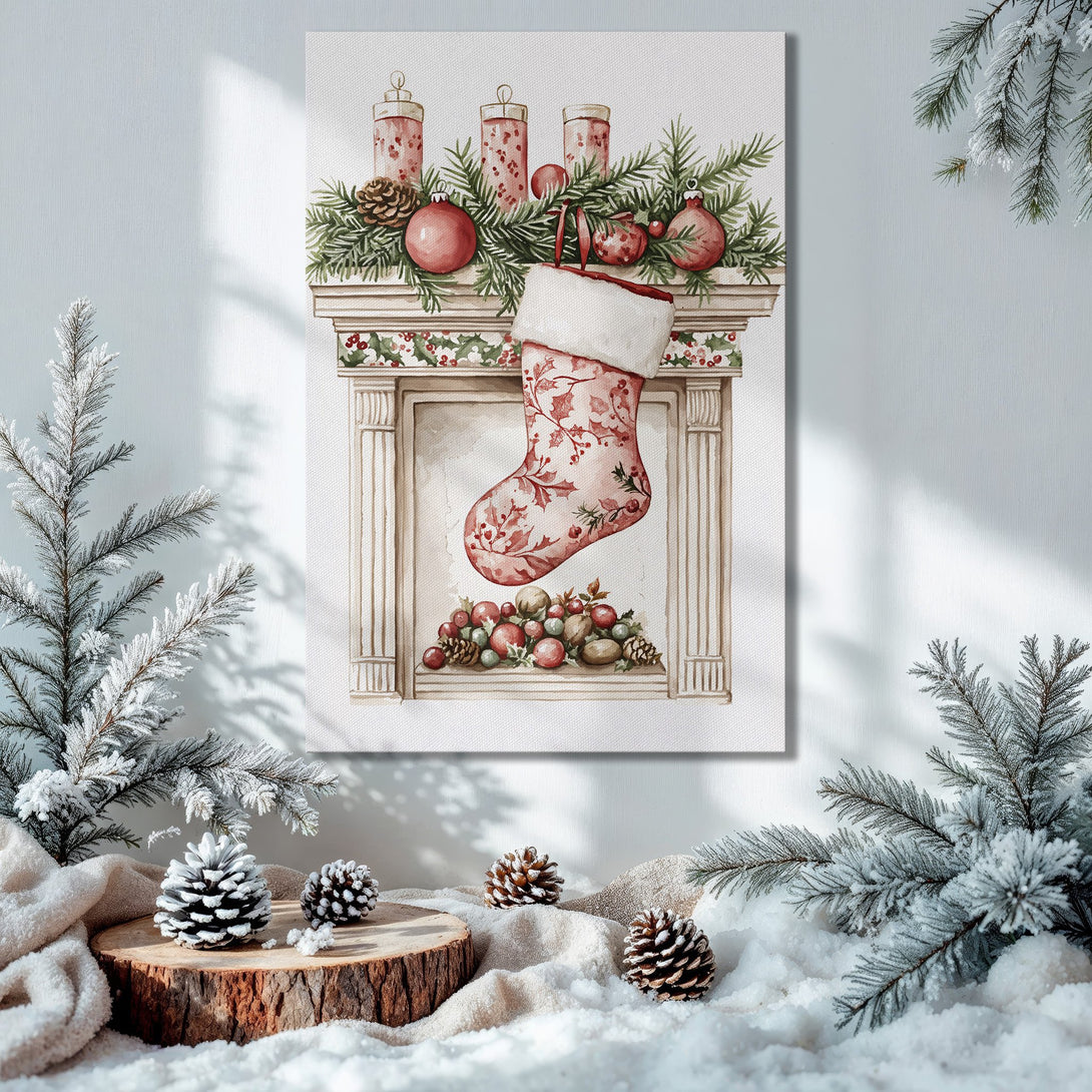 Framed Wall Art: Watercolor Christmas stocking print in a warm, festive interior. Red, green, and gold color palette. Perfect holiday decor!