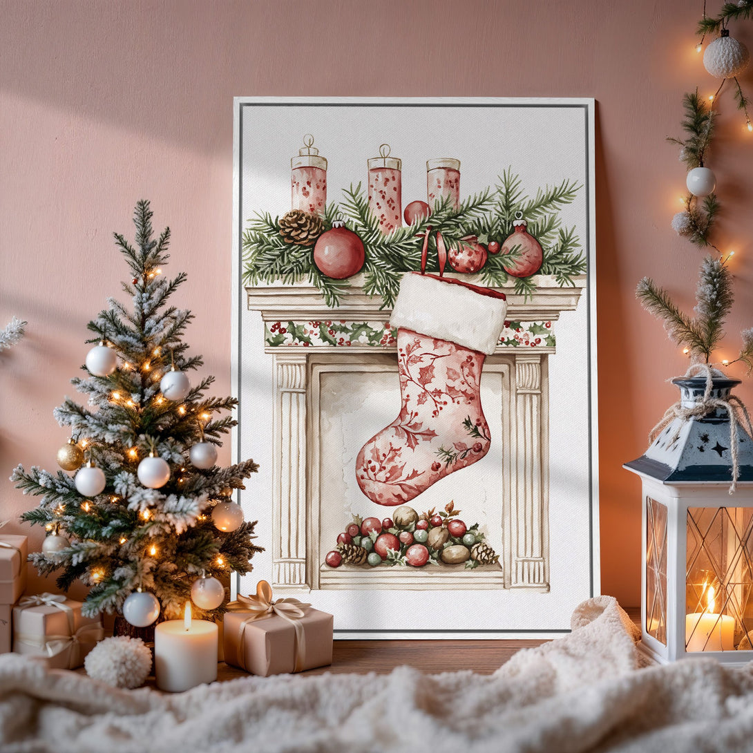 Framed Wall Art: Watercolor Christmas stocking print in a cozy, festive interior. Warm red and green color palette, perfect holiday decor.