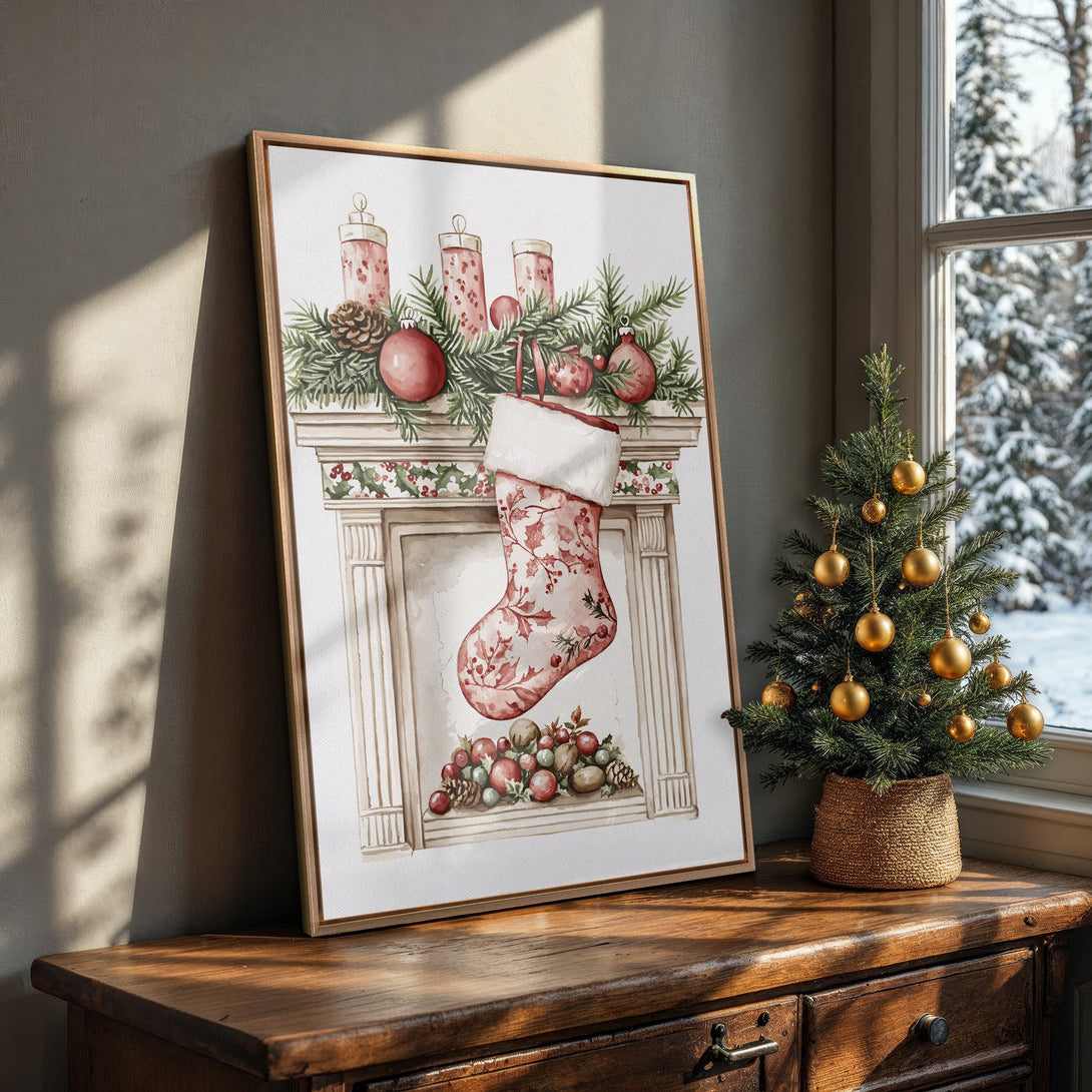 Framed Wall Art: Watercolor Christmas stocking print in warm red tones. Cozy holiday decor for your home. Shop now for festive art!