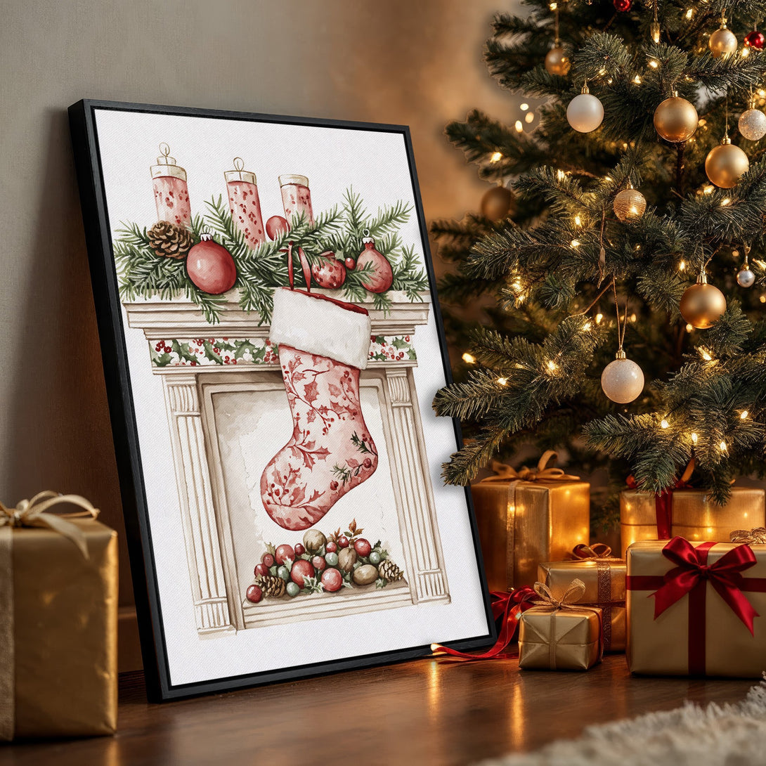 Framed Wall Art: Watercolor Christmas stocking print in a warm red and green palette, perfect holiday decor. Adds festive cheer to any room!