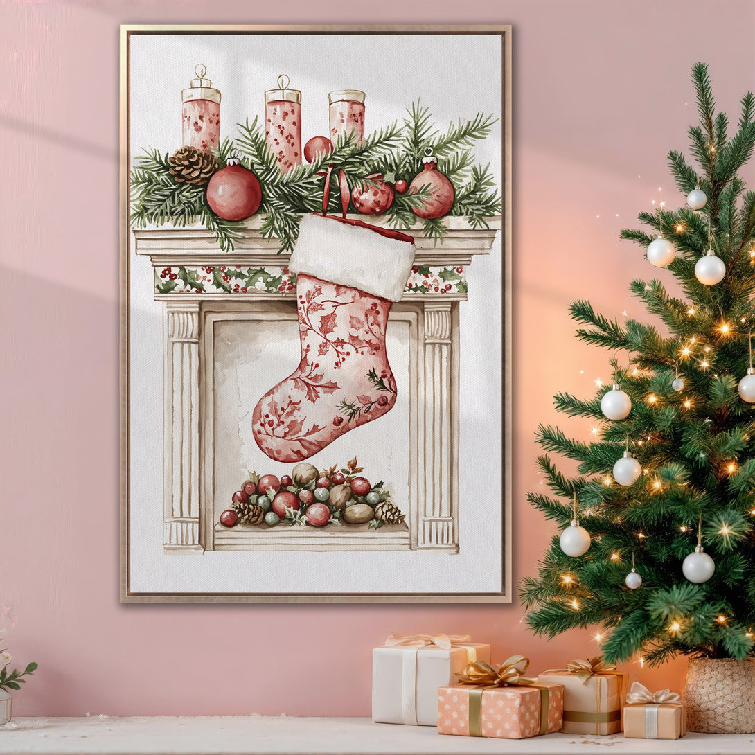 Framed Wall Art: Watercolor Christmas stocking print with red and green accents, displayed in a cozy interior with a pink and neutral color palette. Perfect holiday decor!