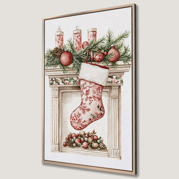 Framed Wall Art: Watercolor Christmas stocking art print in red and green hues. Festive holiday decor for your home.
