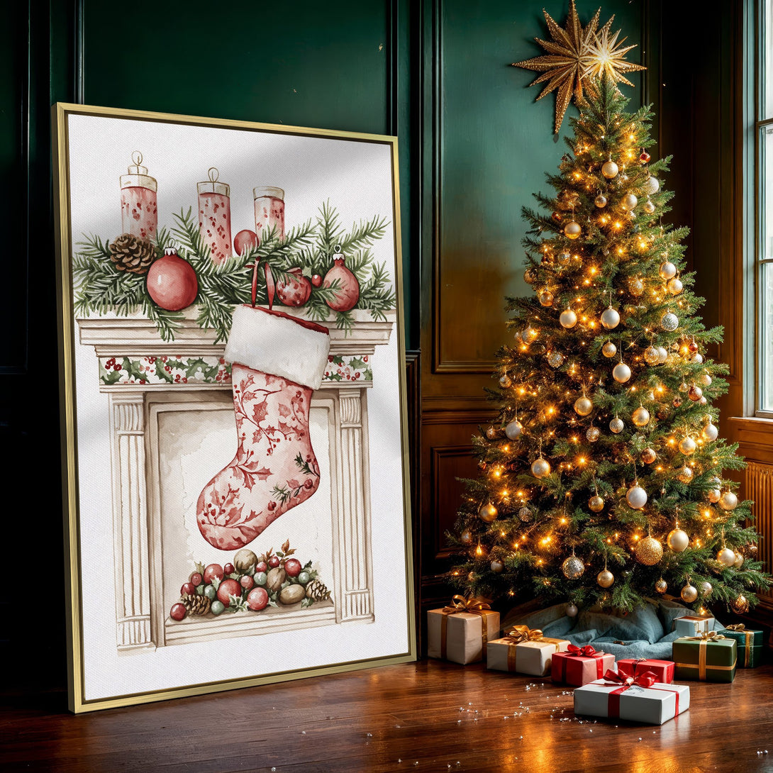 Canvas Print: Watercolor Christmas stocking art in warm red and green tones. Festive holiday decor for a cozy home.