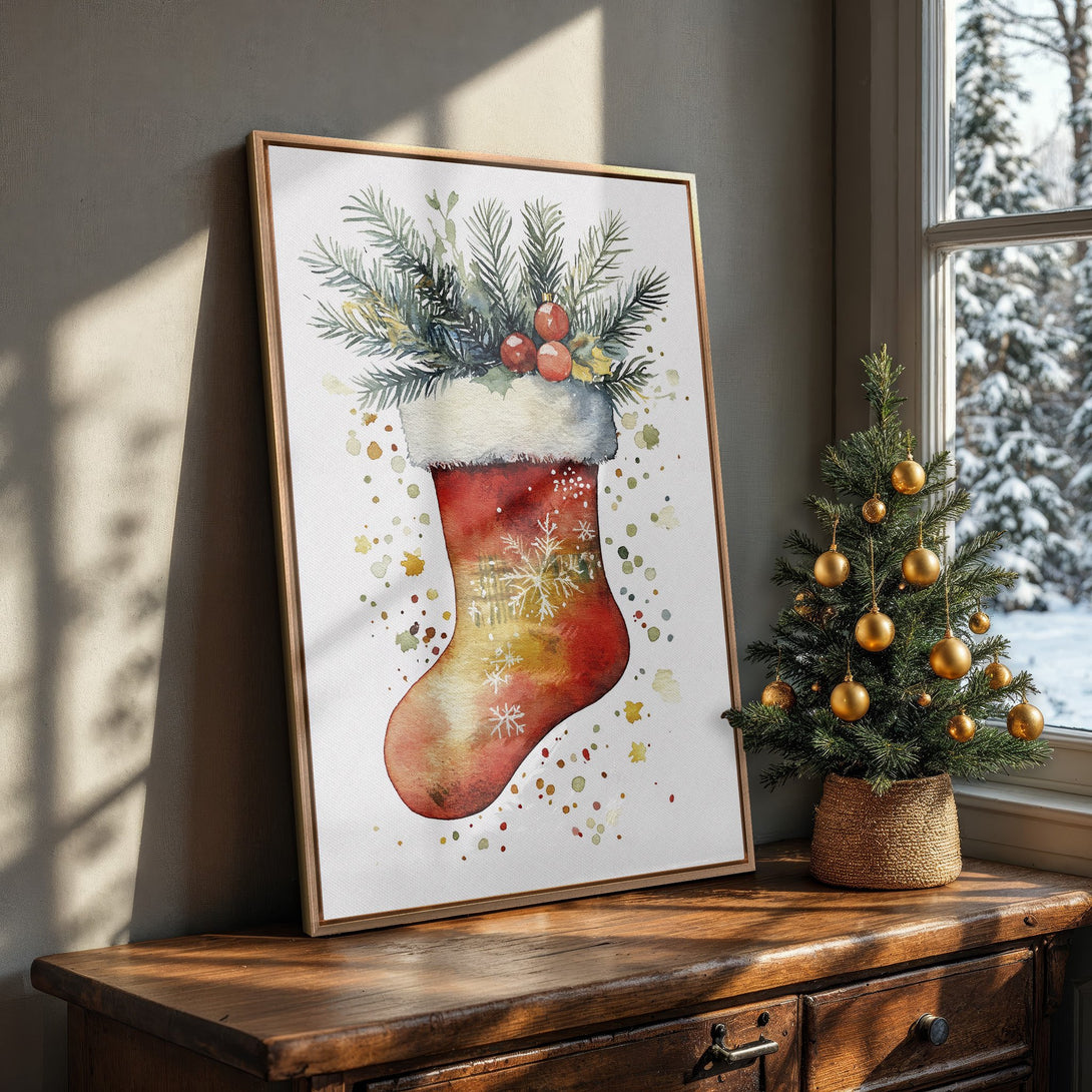 Framed Wall Art: Watercolor Christmas stocking print in warm red and gold hues, perfect holiday decor. Adds cozy style to any room.