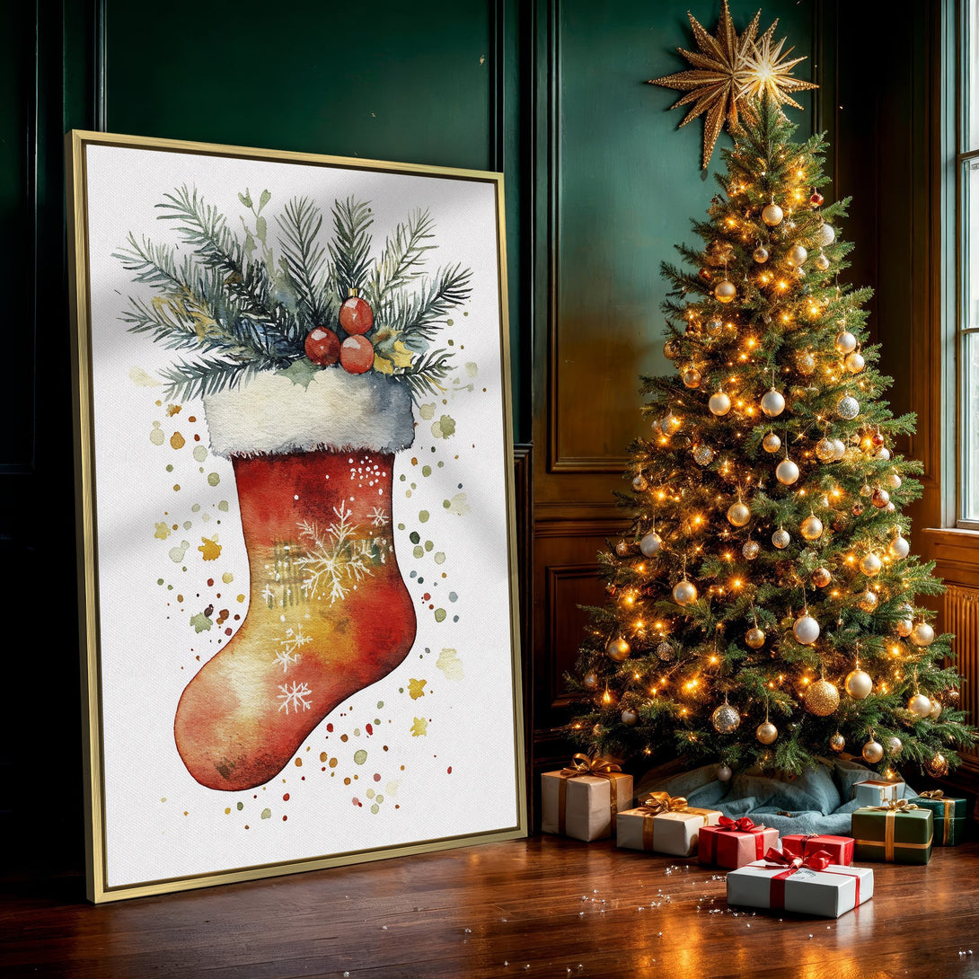 Watercolor Christmas stocking Canvas Print, warm red and gold tones, festive holiday decor.
