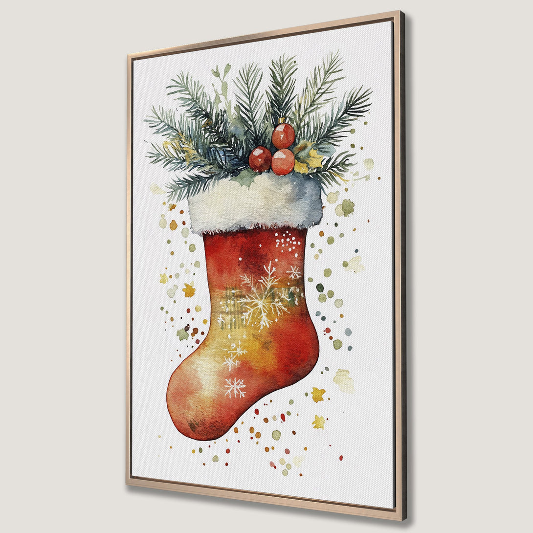 Framed Wall Art: Watercolor Christmas stocking with festive greenery and red berries. Warm red, green, and gold color palette. Perfect holiday decor.