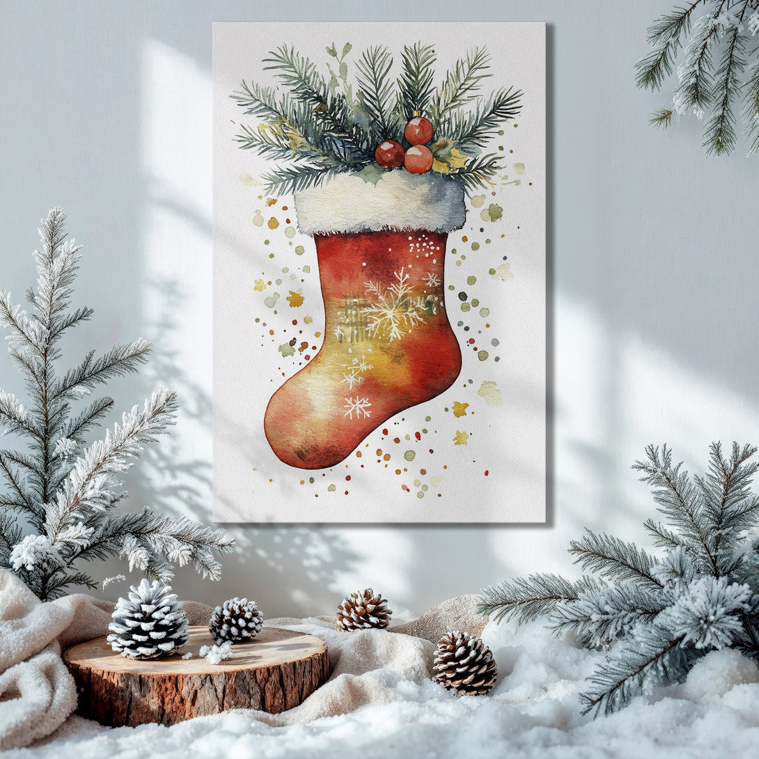 Framed Wall Art: Watercolor Christmas stocking print. Warm red & gold palette. Festive holiday decor for your home.