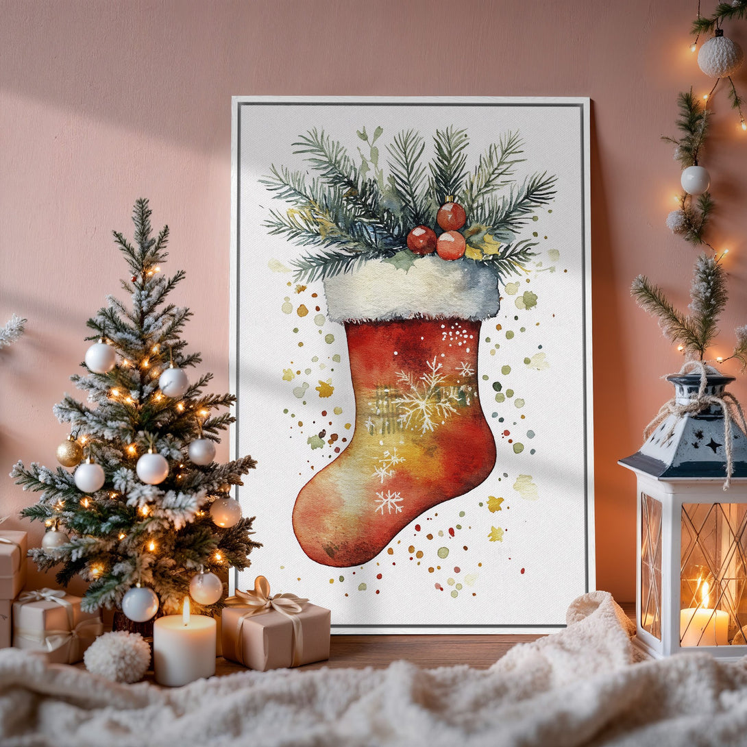 Framed Wall Art: Watercolor Christmas stocking art in warm red and green tones. Perfect holiday decor for a cozy, inviting space.