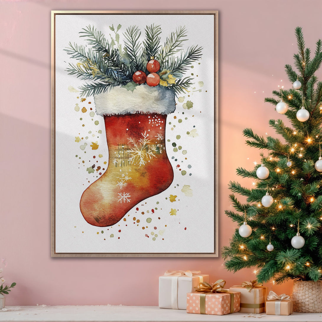 Framed Wall Art: Watercolor Christmas stocking print in warm red and gold tones. Festive holiday decor for your home.