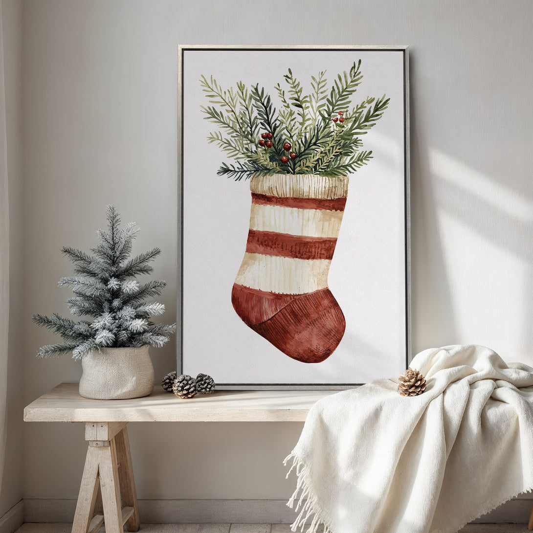 Framed Wall Art: Watercolor Christmas stocking print with greenery & berries. Rustic style, warm red, green, and cream color palette. Perfect holiday decor.