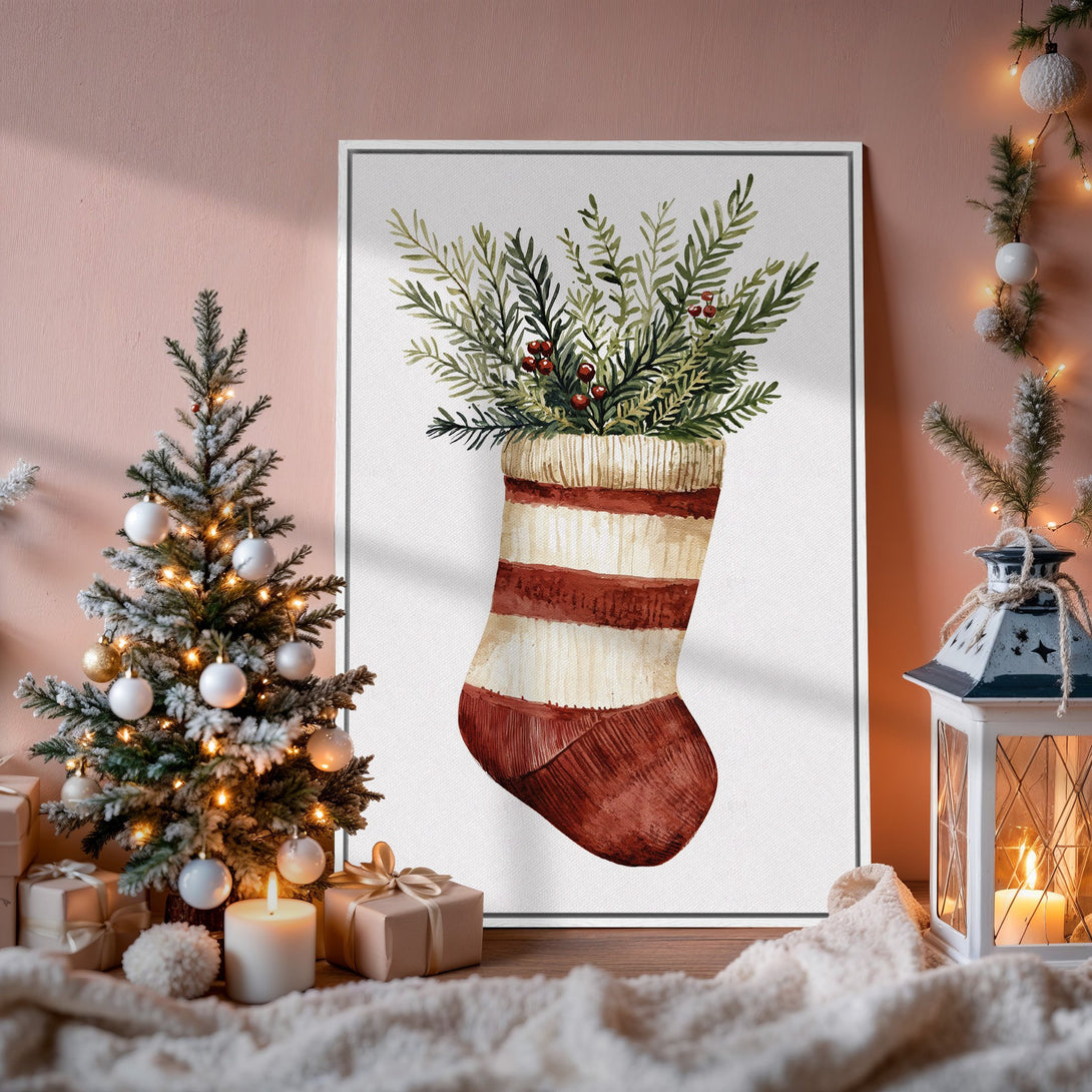 Framed Wall Art: Watercolor Christmas stocking canvas print. Warm red & green palette. Cozy holiday decor for your home.