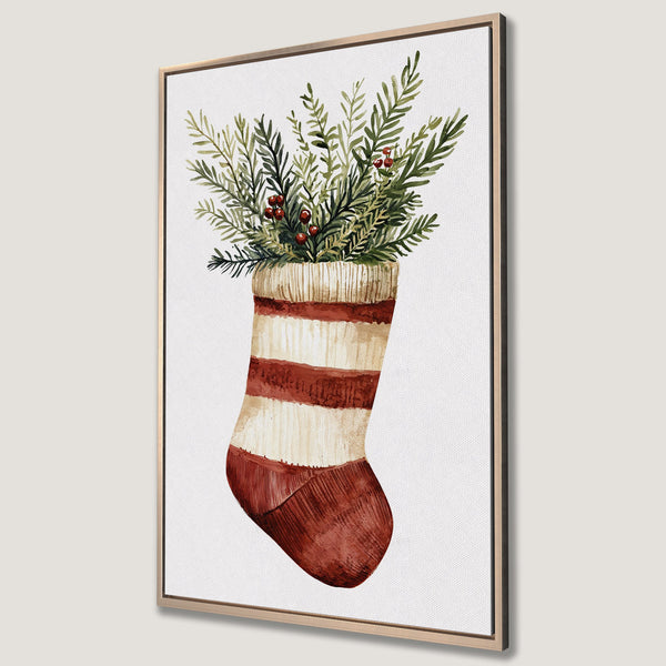 Framed Wall Art: Watercolor Christmas stocking with greenery. Festive red, green, and cream color palette. Perfect holiday decor for your home.