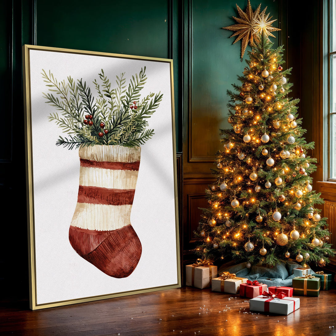 Canvas Print of a watercolor Christmas stocking with greenery, perfect for holiday decor. Features a warm, rustic color palette.
