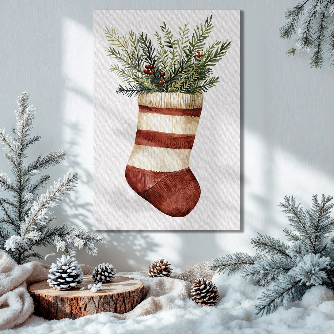 Framed Wall Art: Watercolor Christmas stocking print in a cozy interior. Features a warm, festive color palette of red, green, and gold. Perfect holiday decor!