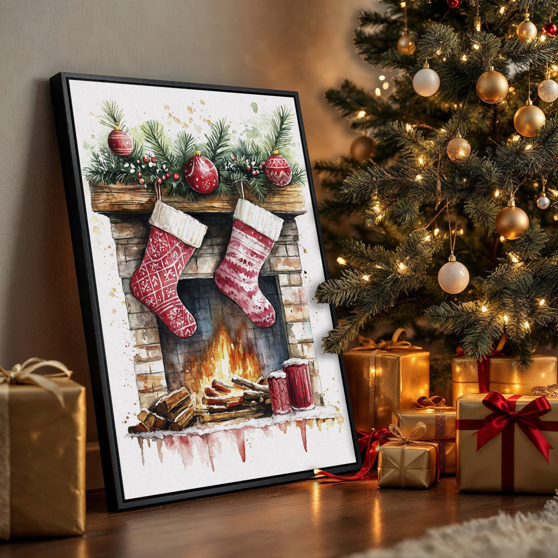 Framed Wall Art: Watercolor Christmas scene with stockings, fireplace, and tree. Warm red and gold palette, perfect holiday decor.