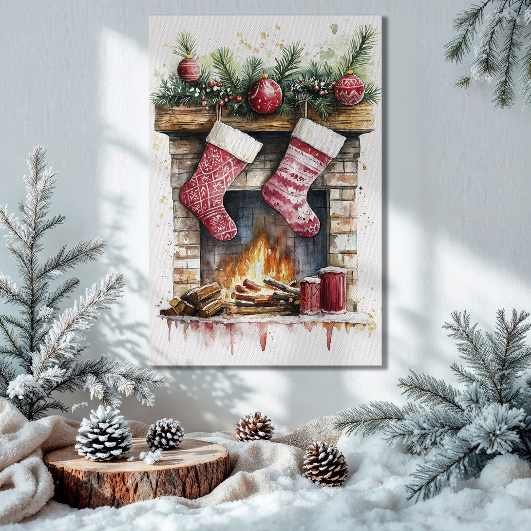 Framed Wall Art: Watercolor Christmas scene with stockings, fireplace, and ornaments. Warm red, green, and gold color palette, perfect holiday decor.