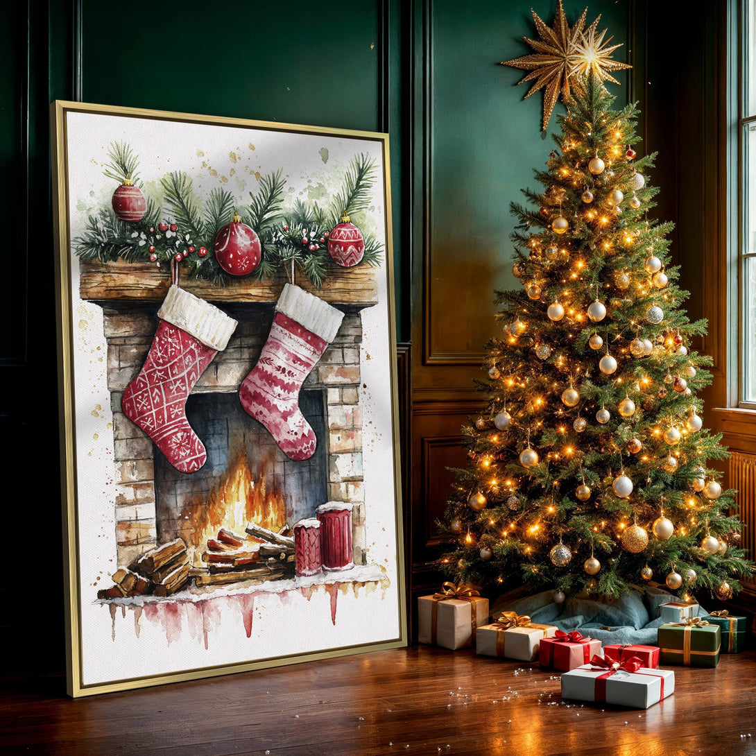 Canvas Print of a watercolor Christmas scene with stockings and fireplace. Warm red and brown tones create a cozy holiday vibe.
