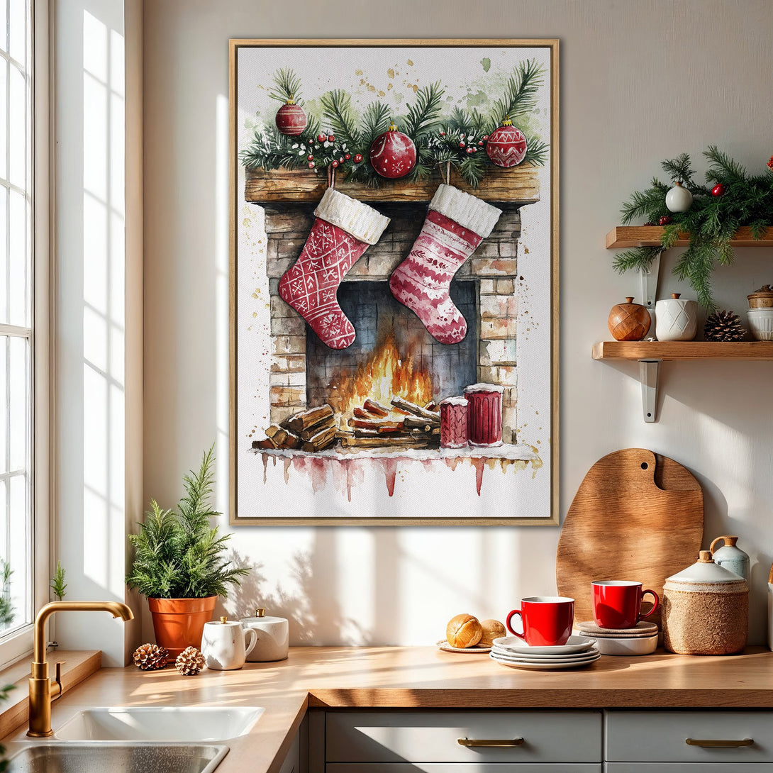 Framed Wall Art: Watercolor Christmas fireplace scene with red stockings and ornaments. Warm, inviting colors. Perfect holiday decor for your home.