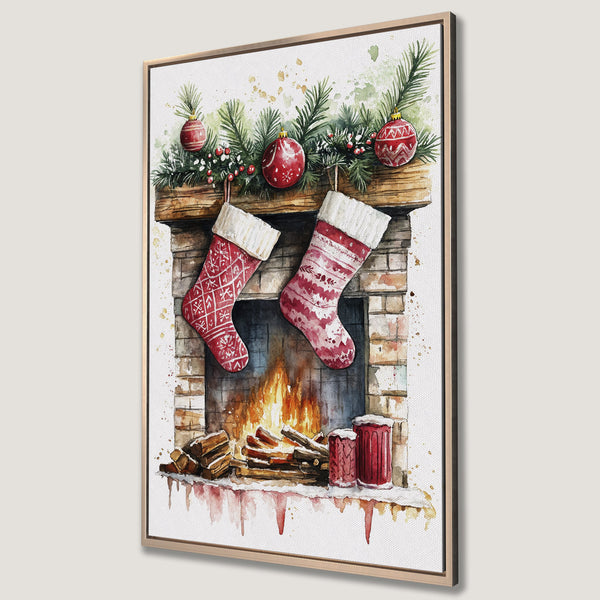 Framed Wall Art: Watercolor Christmas fireplace with stockings, red ornaments, and a warm, inviting color palette. Perfect holiday decor for your home!