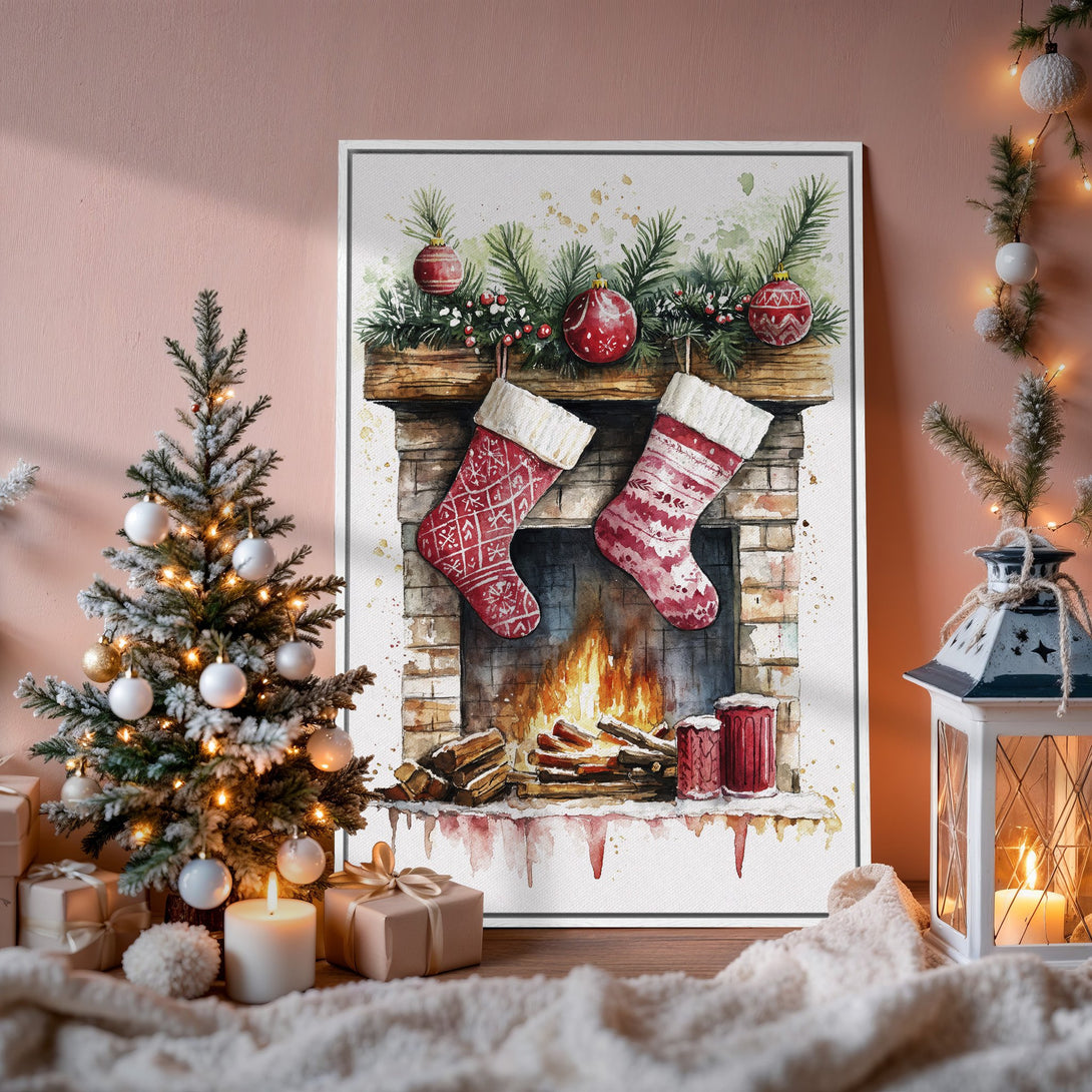 Framed Wall Art: Watercolor Christmas fireplace print in warm red and green tones. Perfect holiday decor for a cozy, festive home.