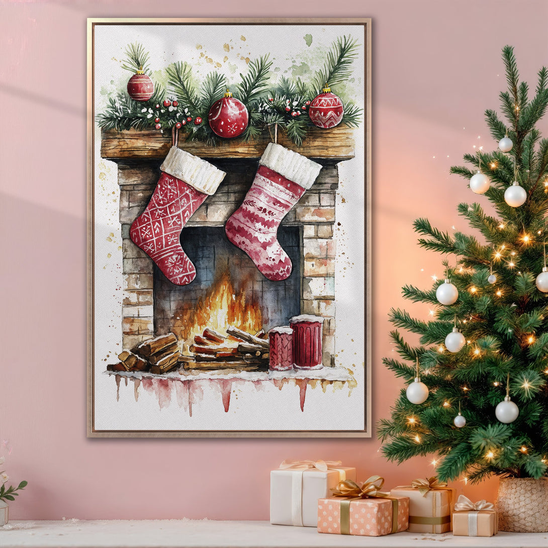 Framed Wall Art: Watercolor Christmas scene with stockings, fireplace, and ornaments. Warm red and green color palette, perfect holiday decor.