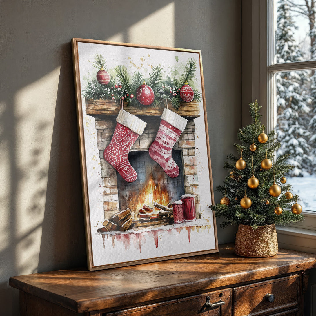Framed Wall Art: Cozy watercolor Christmas scene with fireplace, stockings, and red/green palette. Perfect holiday decor for a warm, inviting home.