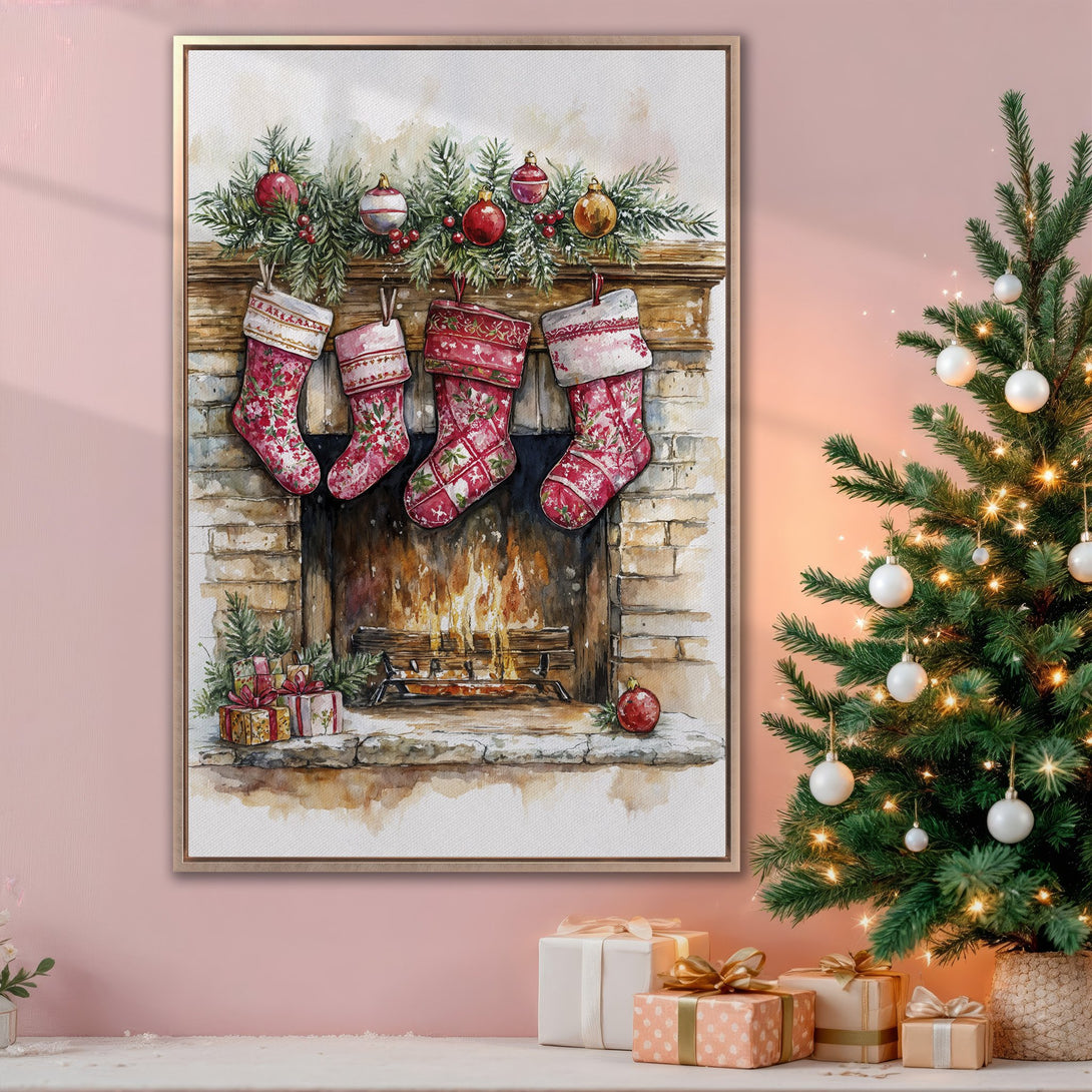 Framed Wall Art: Watercolor Christmas scene with stockings, fireplace, and ornaments. Warm red and green palette, perfect holiday decor for your home.