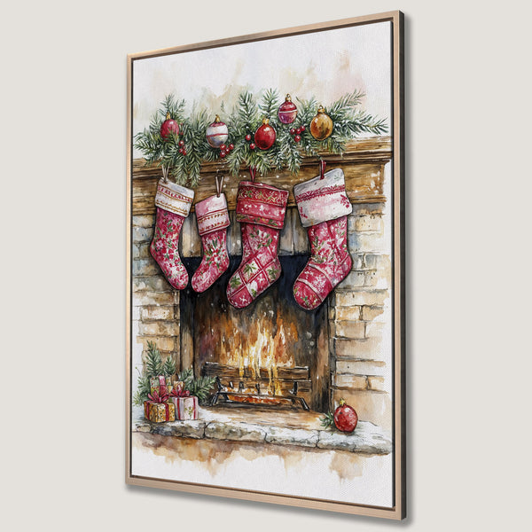 Framed Wall Art Canvas Print of a cozy Christmas fireplace scene in watercolor style, featuring red and green hues. Perfect holiday decor!