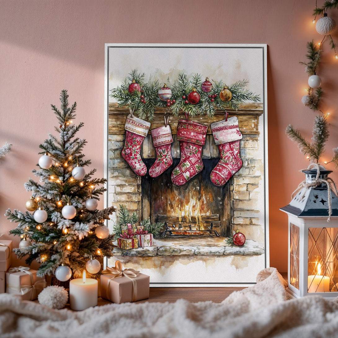 Framed Wall Art: Watercolor Christmas scene with stockings, fireplace, and festive decor. Warm, inviting color palette perfect for holiday home accents.
