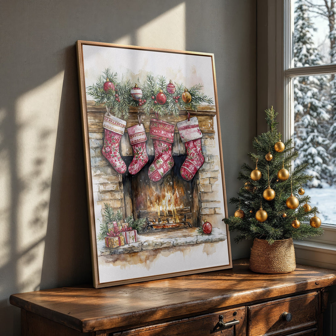 Framed Wall Art: Watercolor Christmas scene with stockings & fireplace. Warm red, green & gold palette. Perfect holiday decor for cozy interiors.