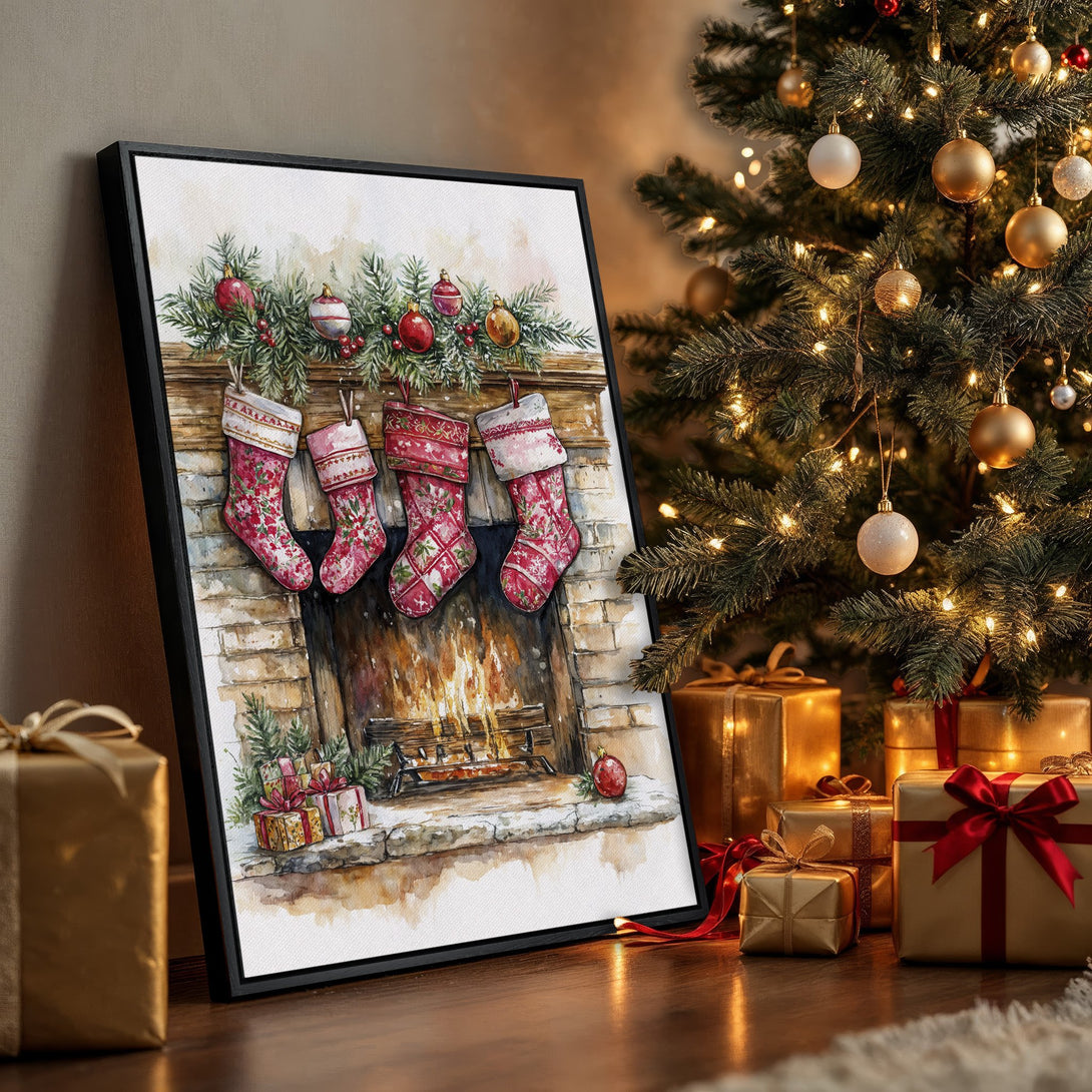 Framed Wall Art: Watercolor Christmas scene with stockings & fireplace. Warm red, green, and gold palette. Perfect holiday decor for a cozy, festive vibe.
