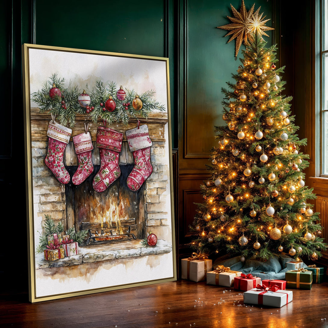 Canvas Print of a watercolor Christmas scene with stockings hanging over a fireplace. Warm red and gold color palette, cozy holiday decor.