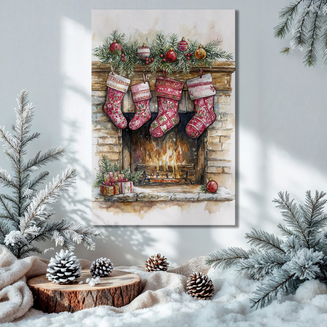 Framed Wall Art: Watercolor Christmas stocking print in warm red and gold tones. Cozy holiday decor for your home.